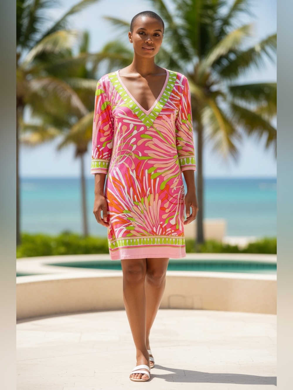 Barbara Gerwit 3/4 Sleeve V Neck Shift Knit Dress - Picture 2 of 14
